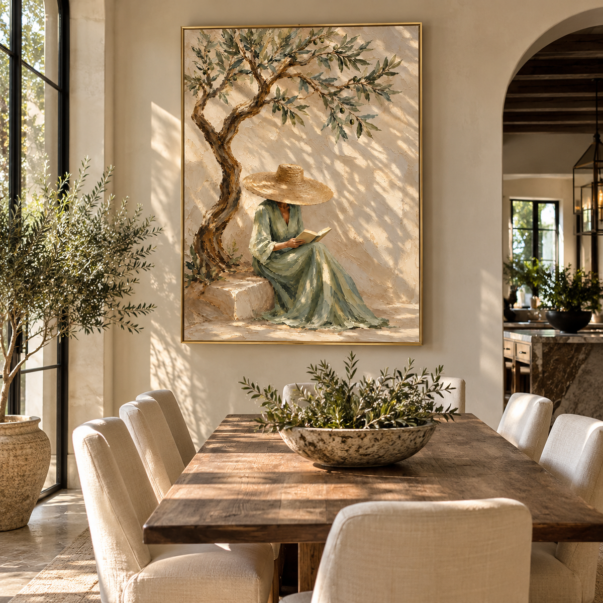 Sage Pages Beneath Olives - woman reading beneath an olive tree painting shown in modern room setting 5