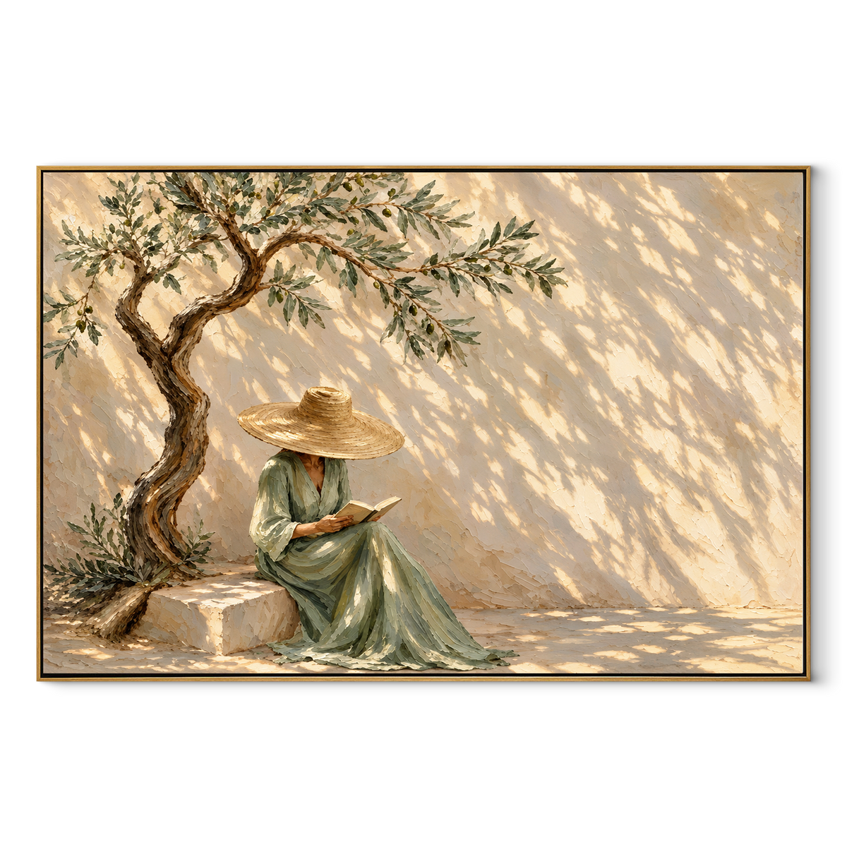 Olive Shade Reading Hour - woman reading beneath an olive tree painting in a wood frame on white