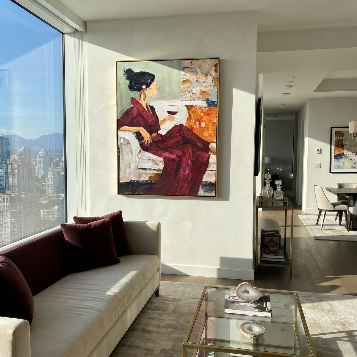 Burgundy Reading Hour - woman reading with wine painting shown in modern room setting 3