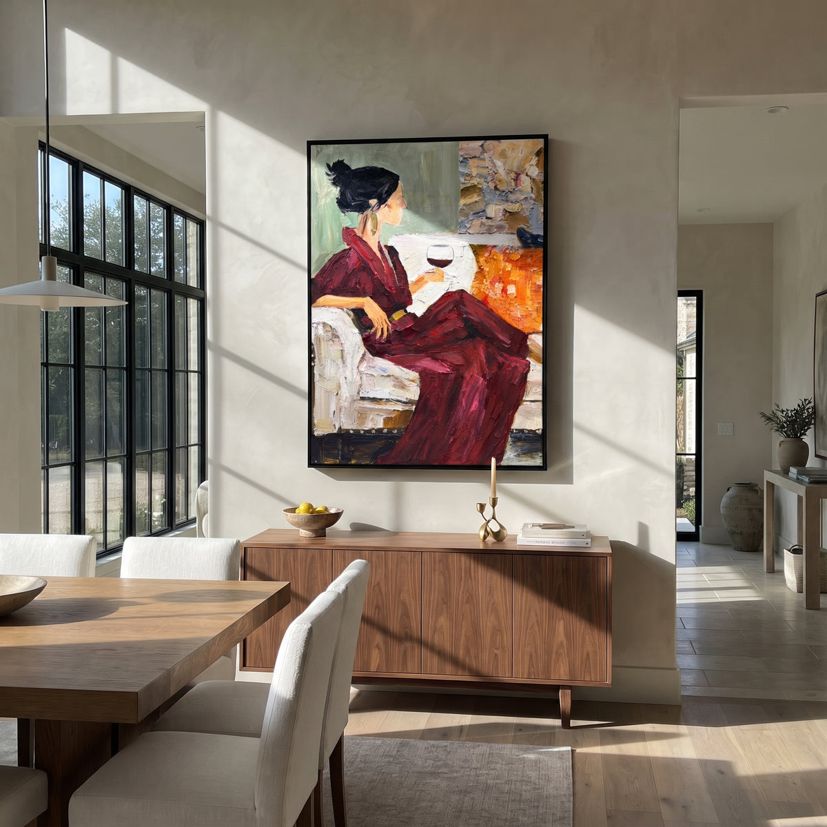 Burgundy Reading Hour - woman reading with wine painting shown in modern room setting 4