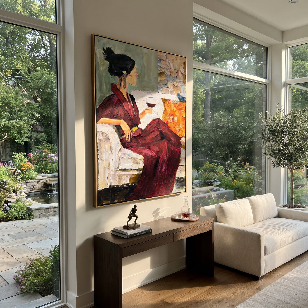 Burgundy Reading Hour - woman reading with wine painting shown in modern room setting 5