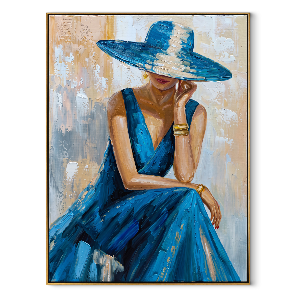 Blue Brim Reverie - blue hat fashion portrait painting in a wood frame on white