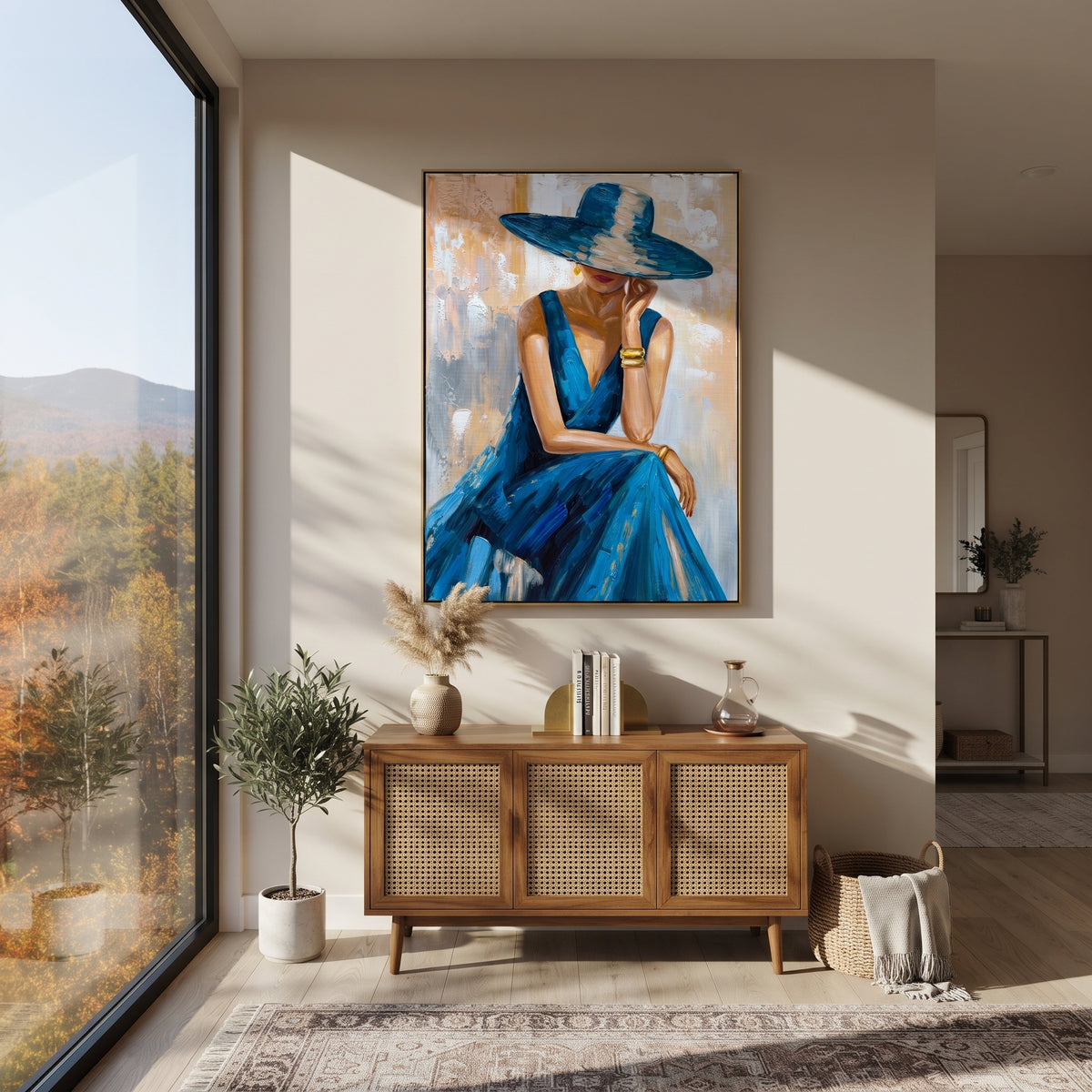 Blue Brim Reverie - blue hat fashion portrait painting shown in modern room setting 3