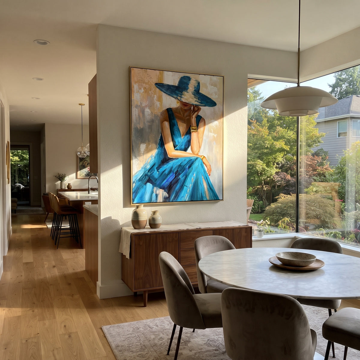 Blue Brim Reverie - blue hat fashion portrait painting shown in modern room setting 4