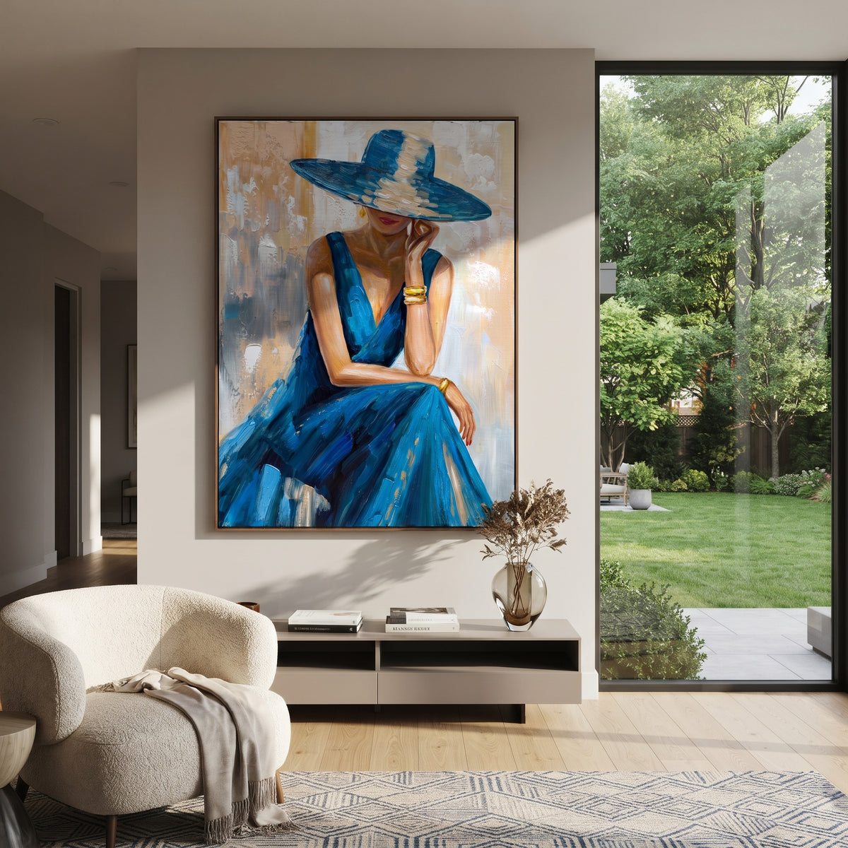 Blue Brim Reverie - blue hat fashion portrait painting shown in modern room setting 5