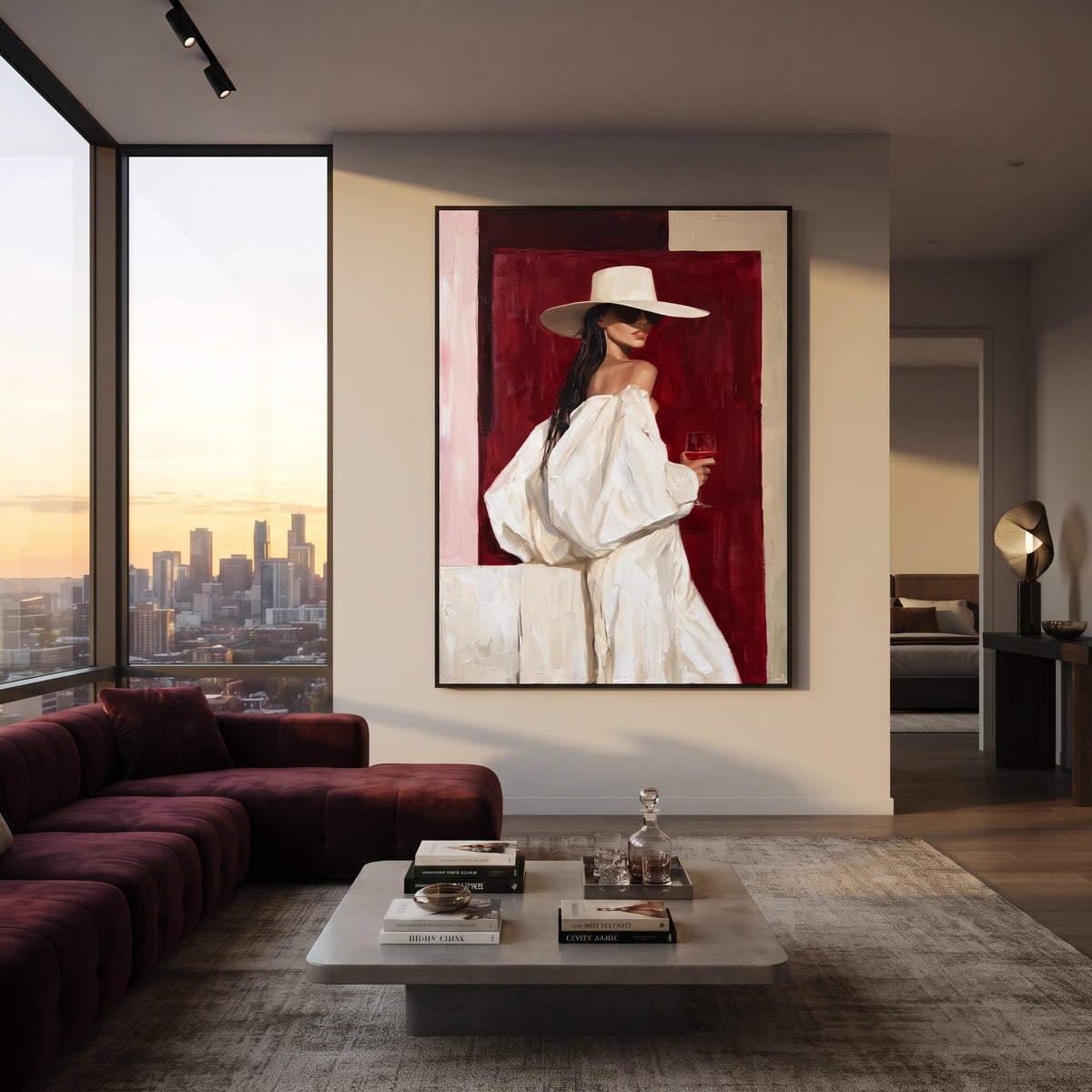 Ivory Hat on Crimson - white hat fashion portrait painting displayed in a styled interior