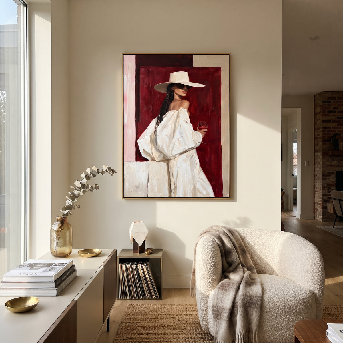 Ivory Hat on Crimson - white hat fashion portrait painting shown in modern room setting 2