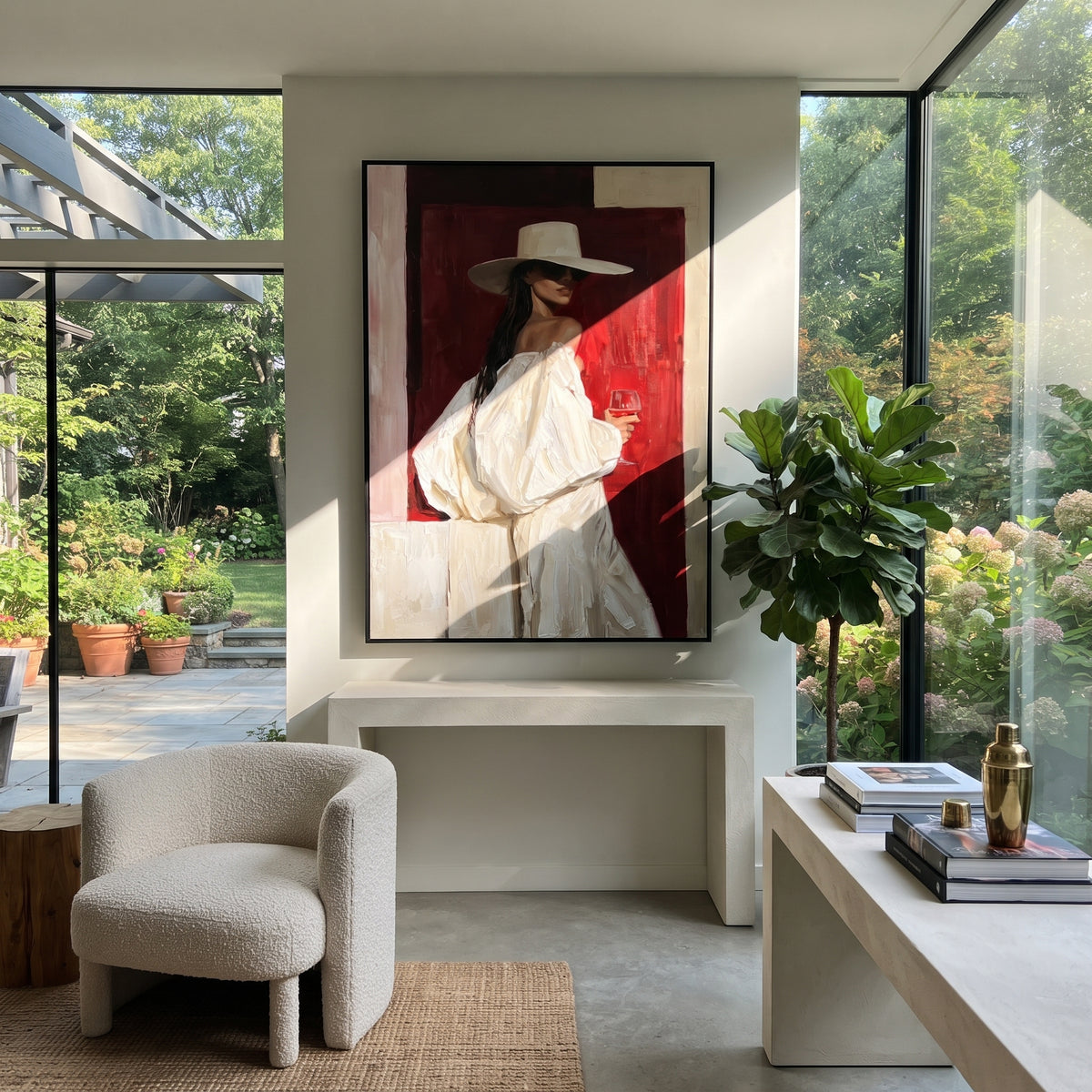 Ivory Hat on Crimson - white hat fashion portrait painting shown in modern room setting 4