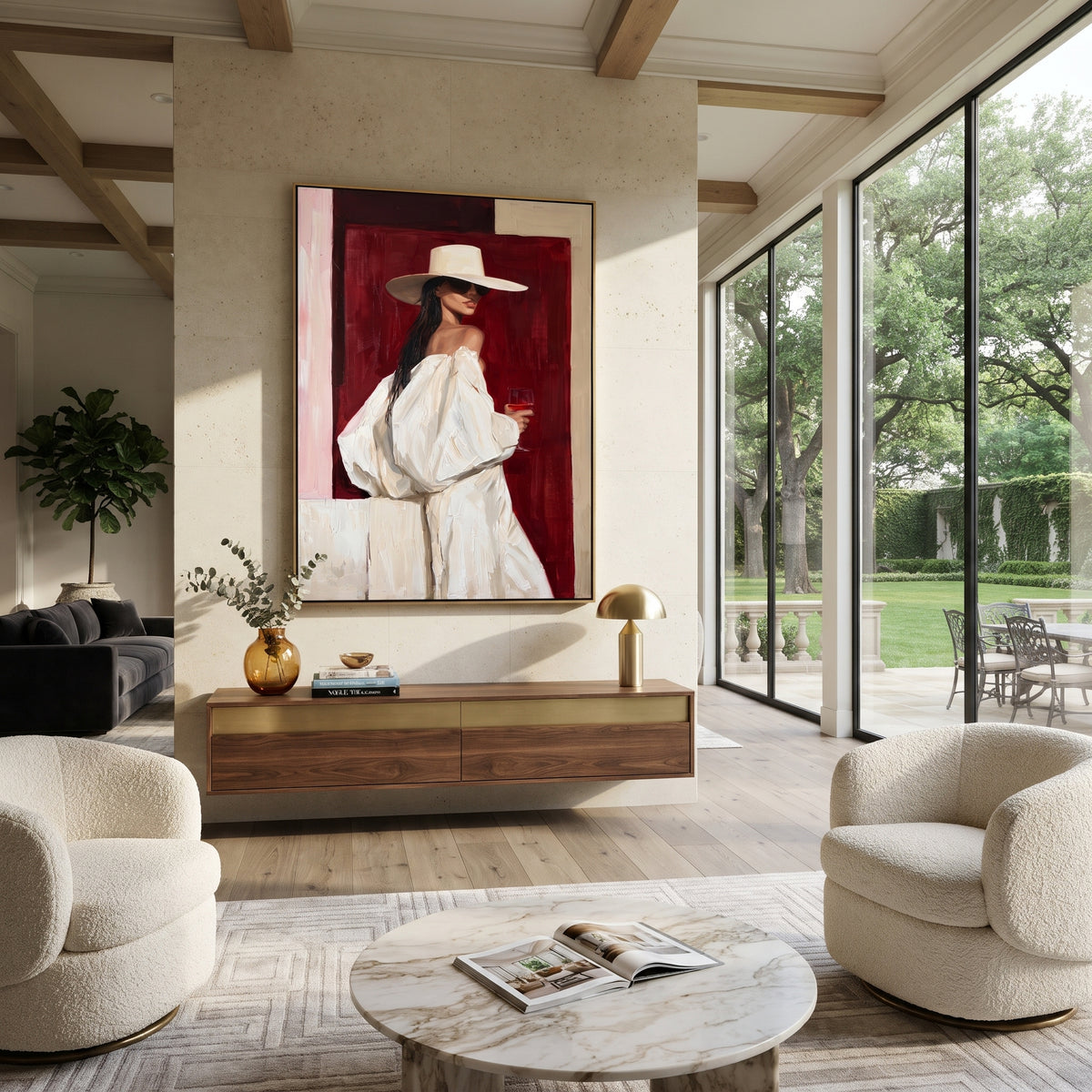 Ivory Hat on Crimson - white hat fashion portrait painting shown in modern room setting 5
