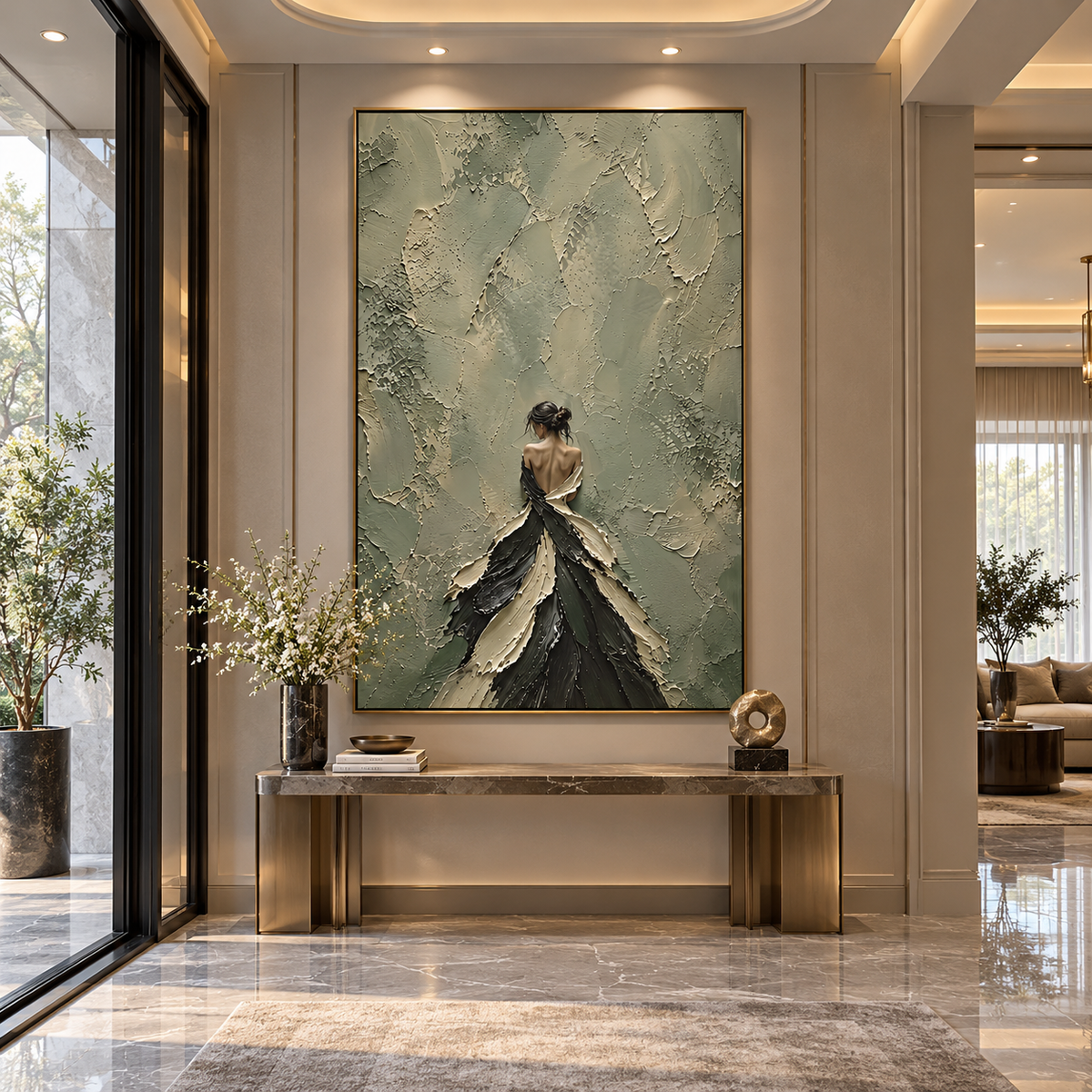 Midnight Petal Gown - black gown fashion portrait painting displayed in a styled interior