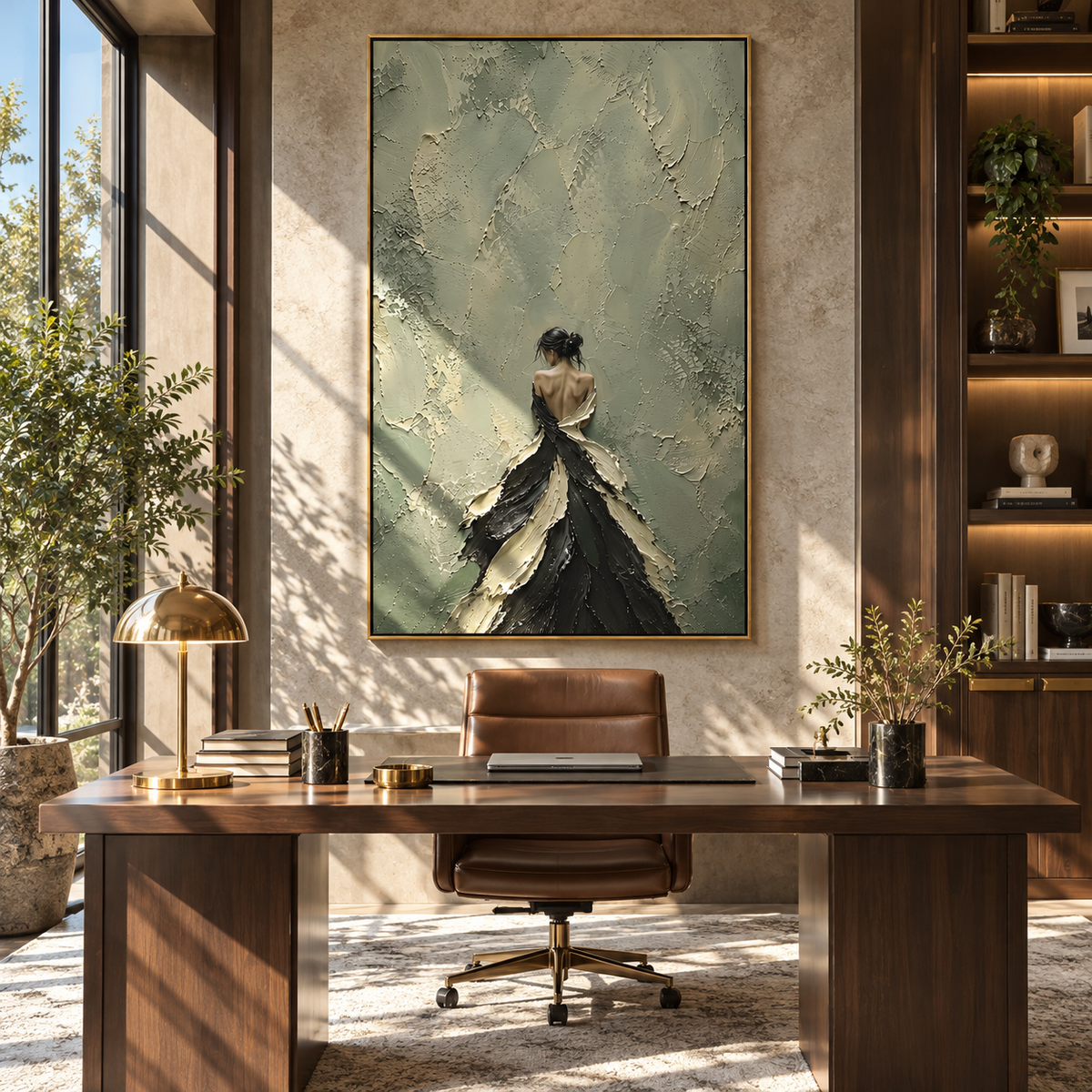 Midnight Petal Gown - black gown fashion portrait painting shown in modern room setting 3