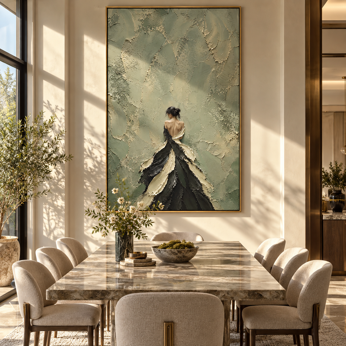 Midnight Petal Gown - black gown fashion portrait painting shown in modern room setting 5