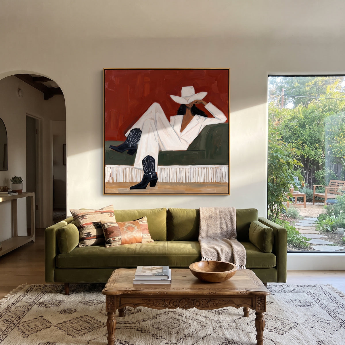 White Boots at Noon - reclining western fashion painting shown in modern room setting 2