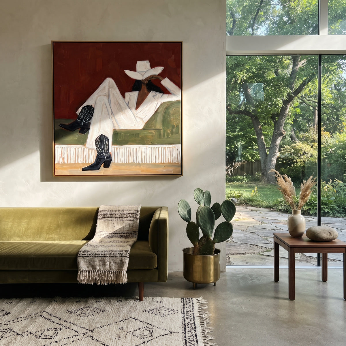 White Boots at Noon - reclining western fashion painting shown in modern room setting 4