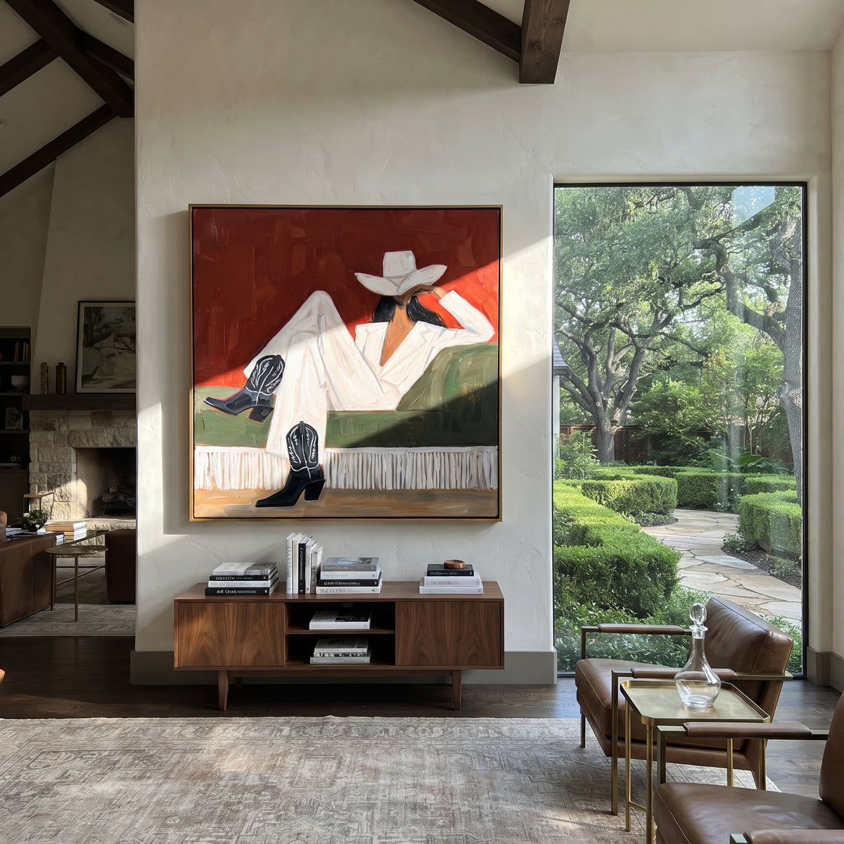 White Boots at Noon - reclining western fashion painting shown in modern room setting 5