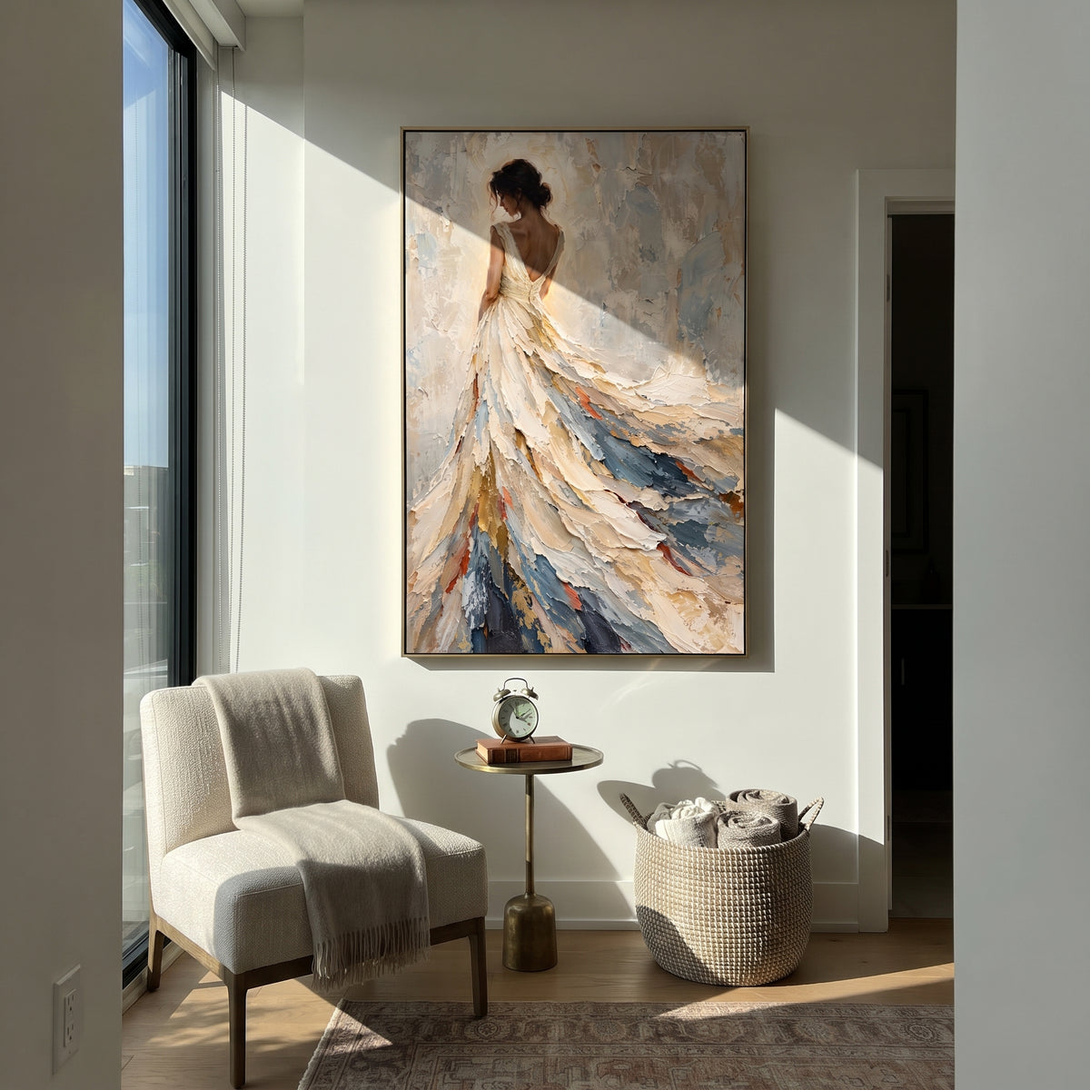 Ivory Dress in Motion - flowing white gown portrait painting shown in modern room setting 2