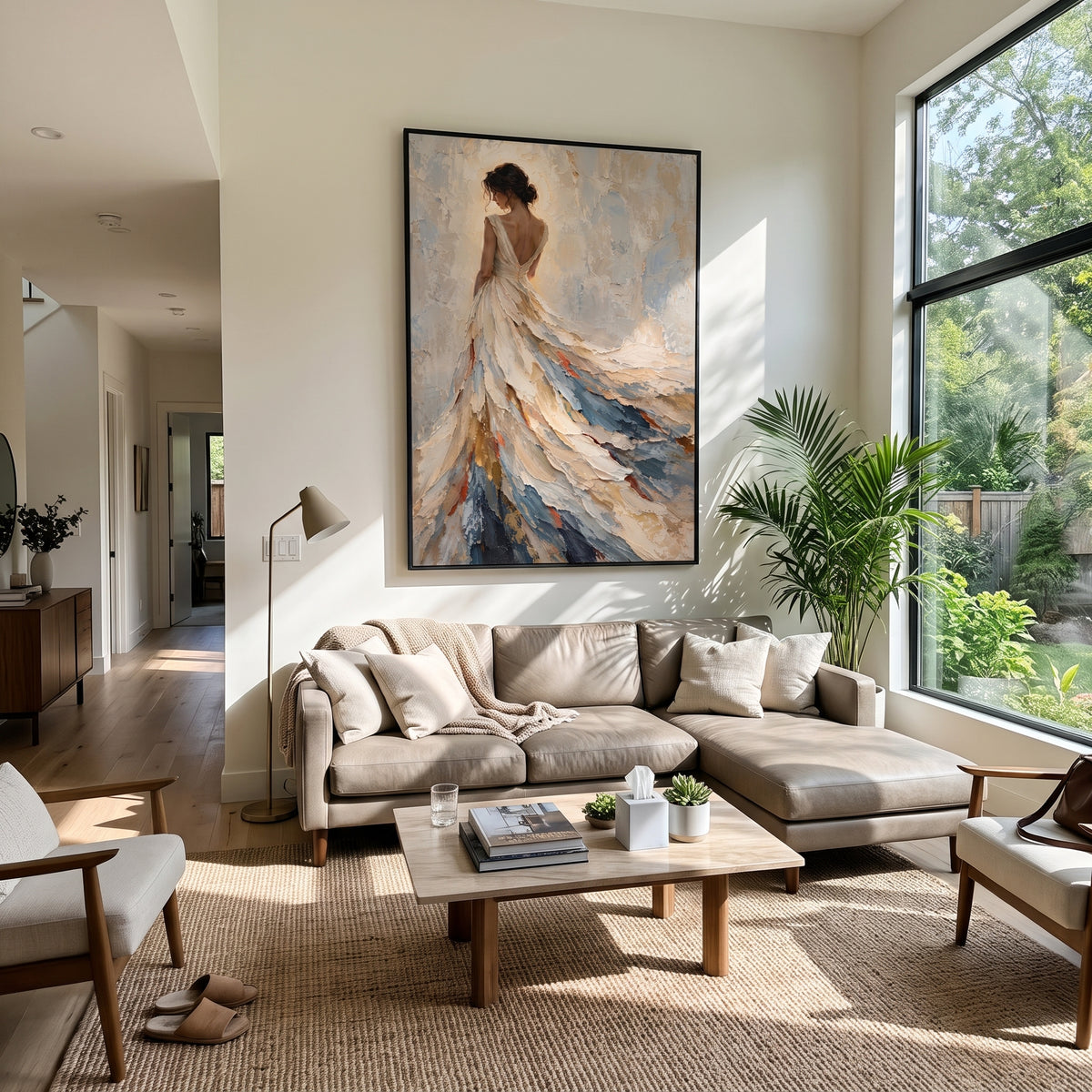 Ivory Dress in Motion - flowing white gown portrait painting shown in modern room setting 3