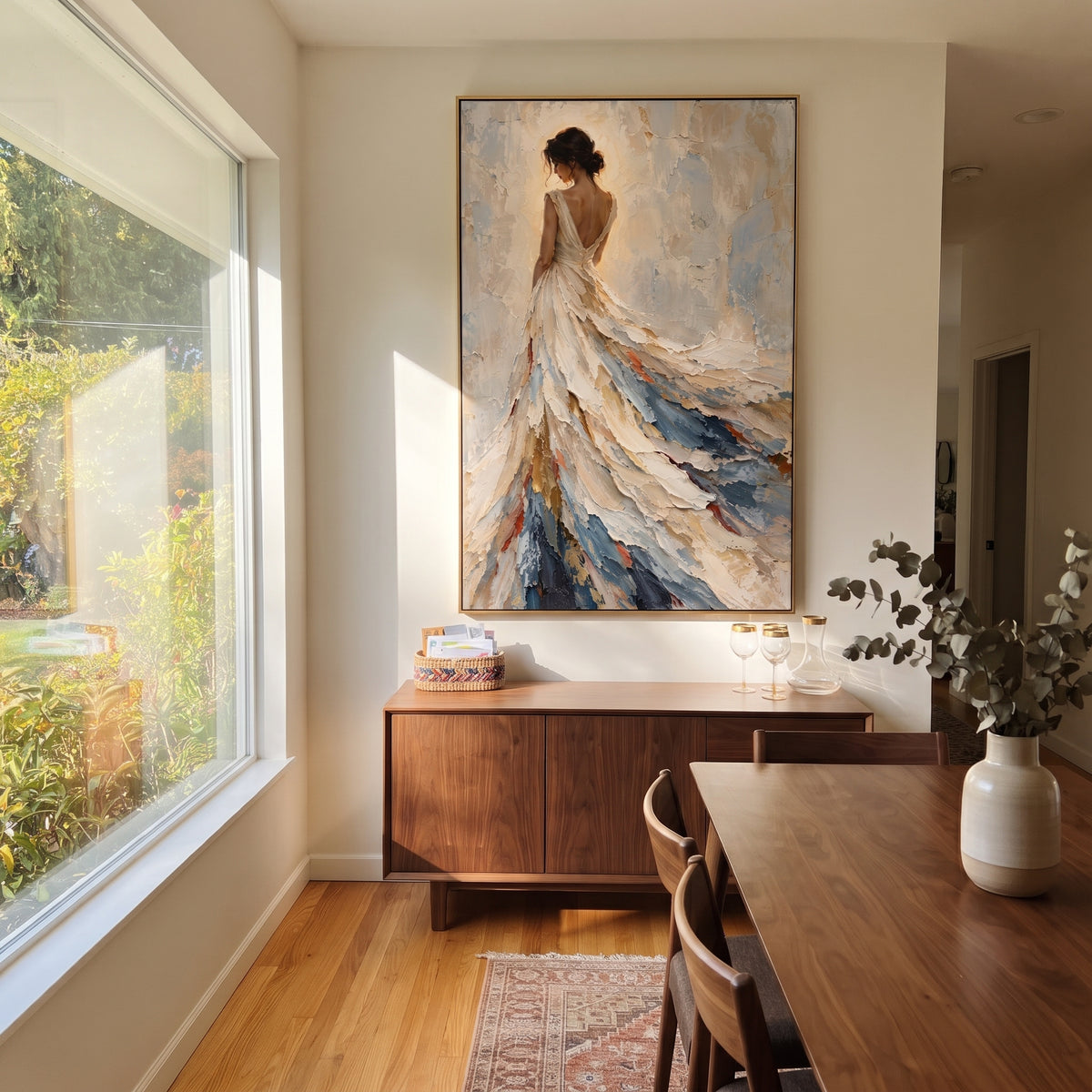 Ivory Dress in Motion - flowing white gown portrait painting shown in modern room setting 4