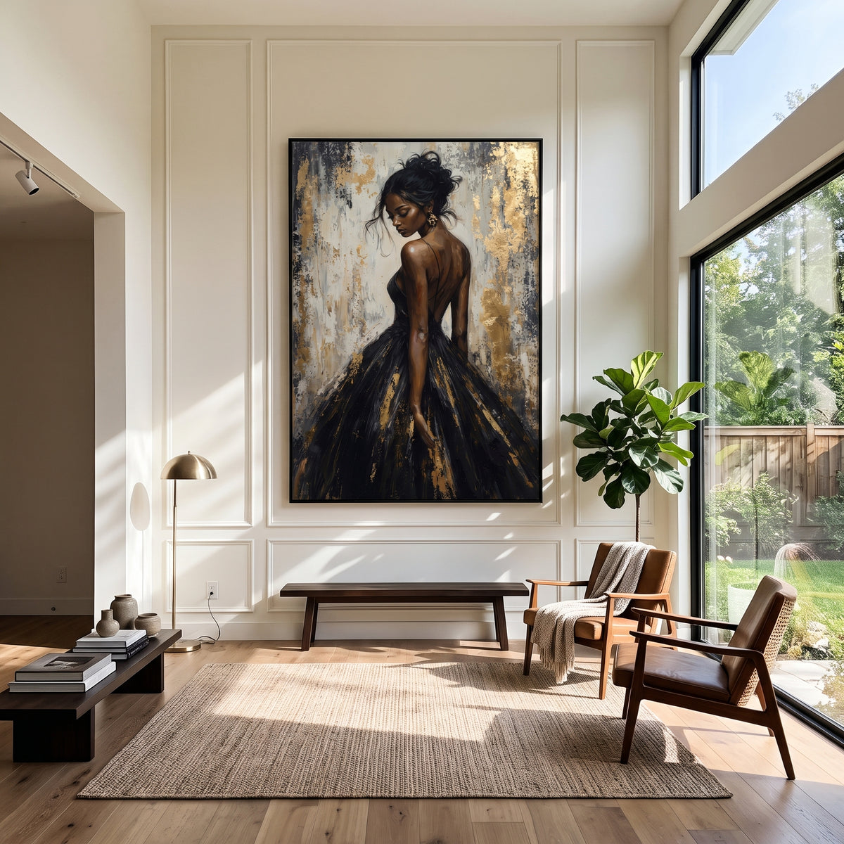 Midnight Gown in Gold - black gold fashion portrait painting displayed in a styled interior