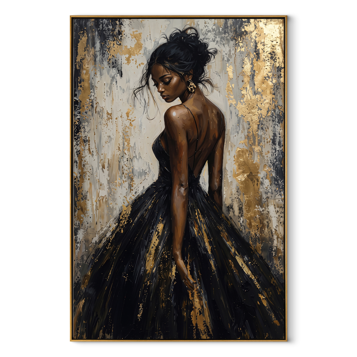 Midnight Gown in Gold - black gold fashion portrait painting in a wood frame on white