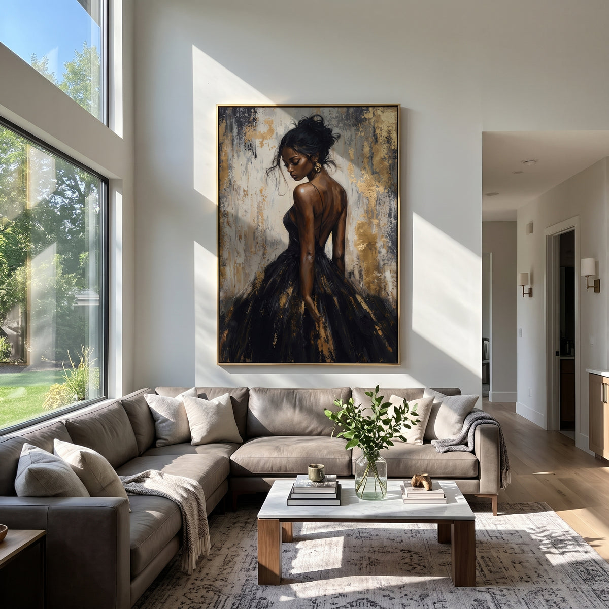 Midnight Gown in Gold - black gold fashion portrait painting shown in modern room setting 3
