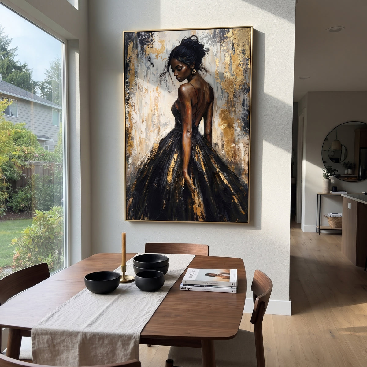 Midnight Gown in Gold - black gold fashion portrait painting shown in modern room setting 5