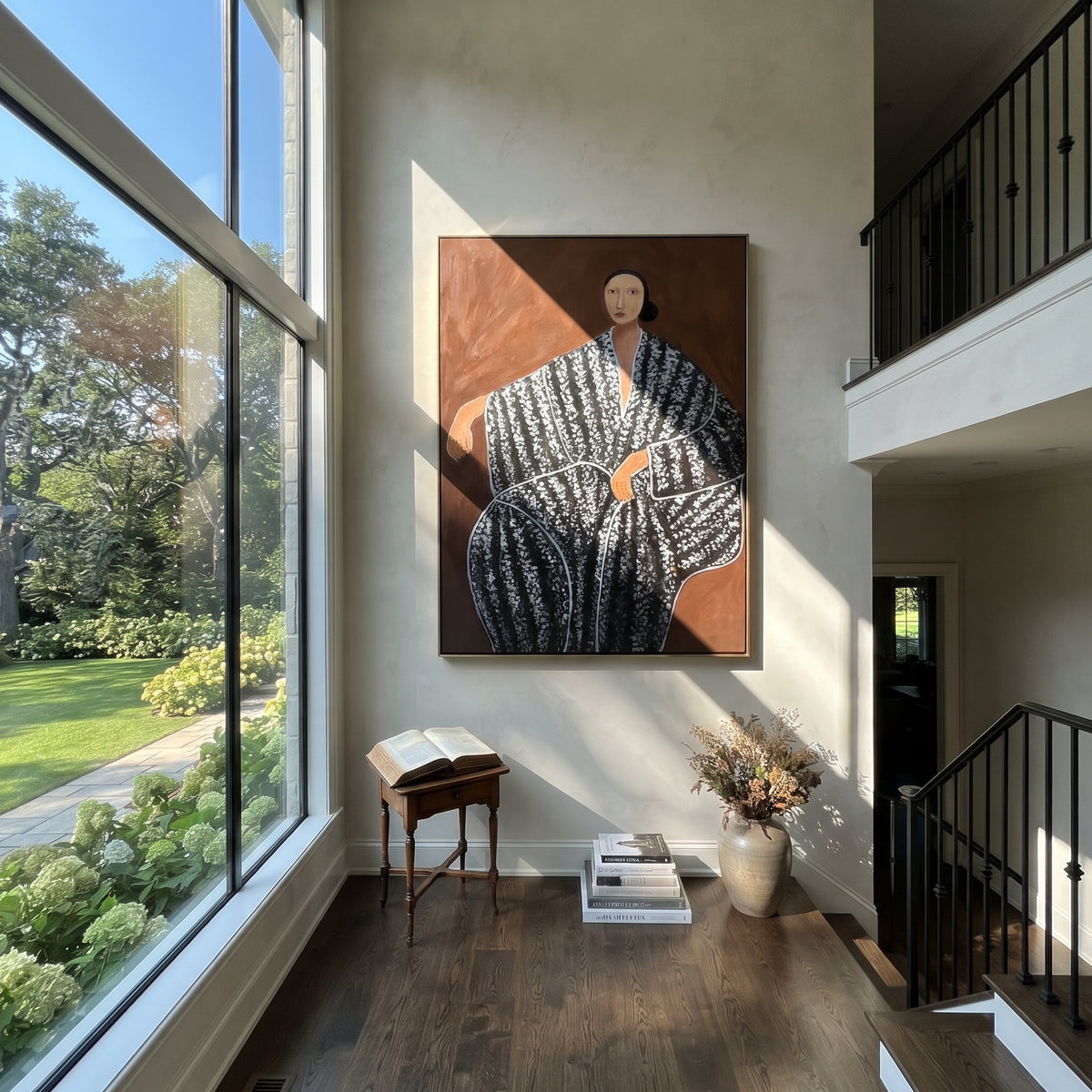 Monochrome Draped Ease - black white draped figure painting displayed in a styled interior