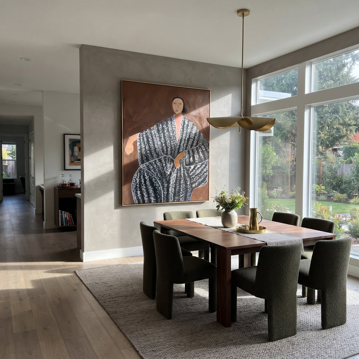Monochrome Draped Ease - black white draped figure painting shown in modern room setting 2