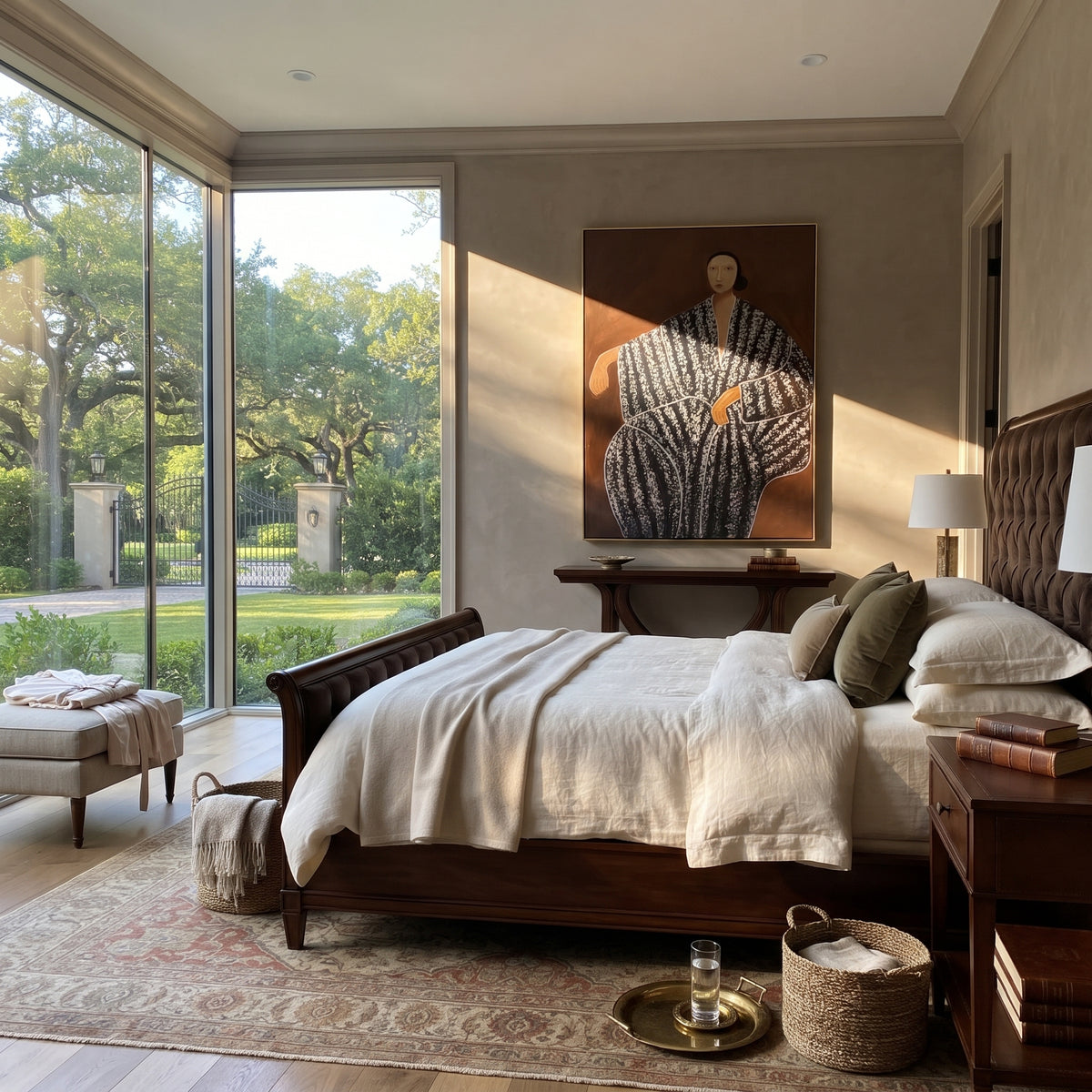 Monochrome Draped Ease - black white draped figure painting shown in modern room setting 4
