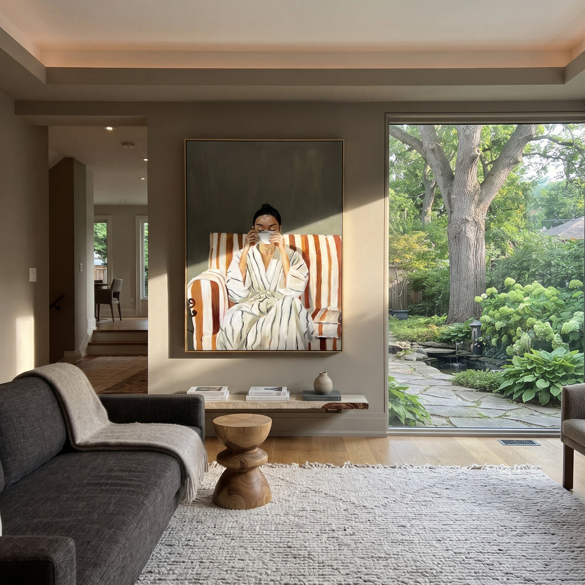 Morning Cup in Stripes - woman with tea in striped chair painting shown in modern room setting 2