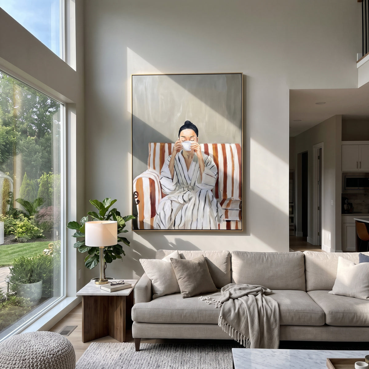 Morning Cup in Stripes - woman with tea in striped chair painting shown in modern room setting 3