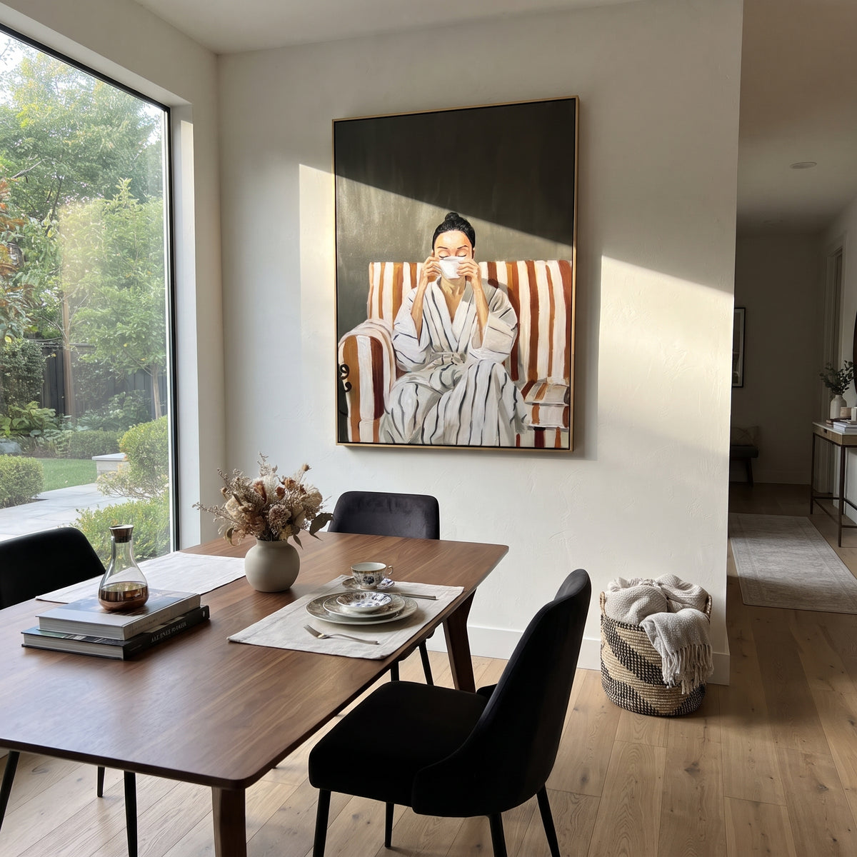 Morning Cup in Stripes - woman with tea in striped chair painting shown in modern room setting 5