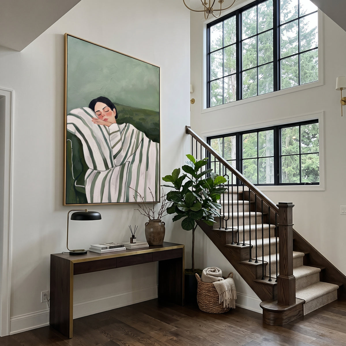 Striped Afternoon Rest - reclining striped figure painting displayed in a styled interior