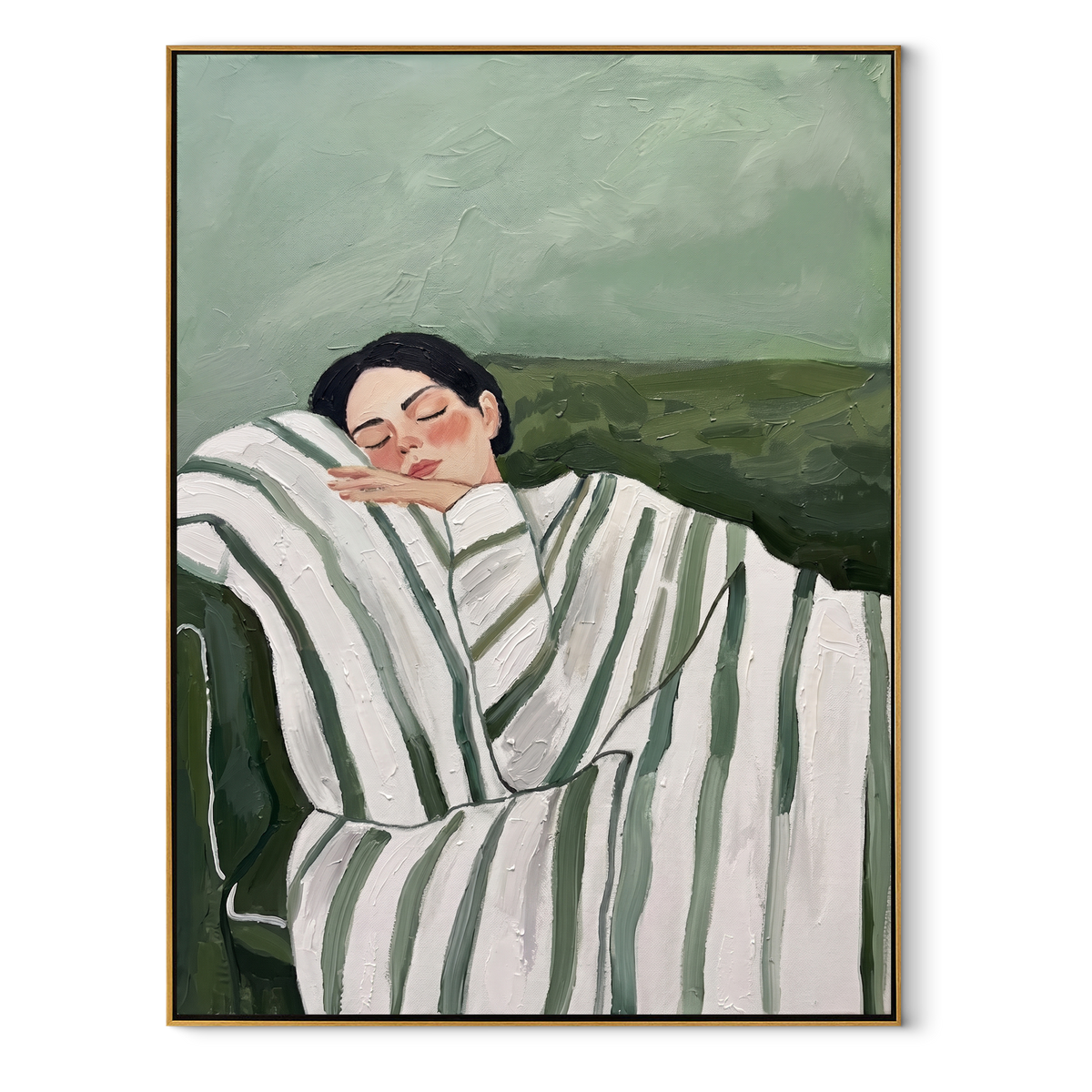 Striped Afternoon Rest - reclining striped figure painting in a wood frame on white