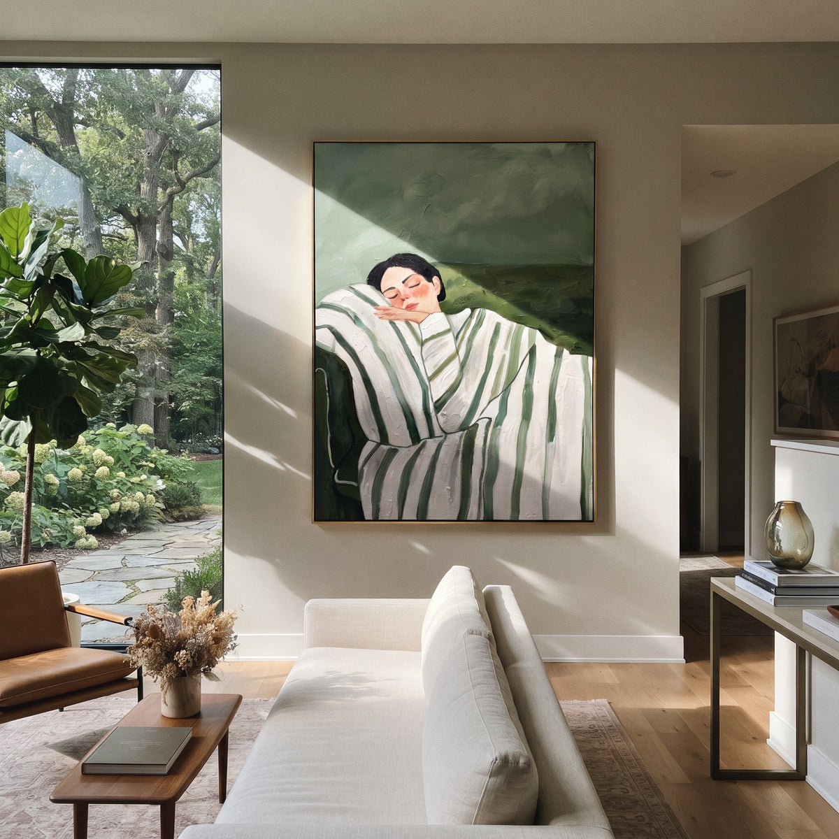 Striped Afternoon Rest - reclining striped figure painting shown in modern room setting 2