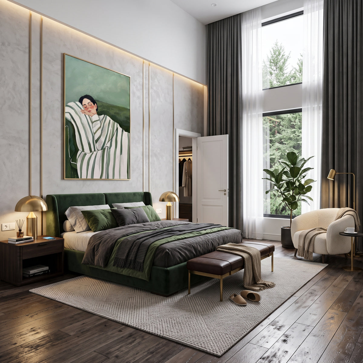 Striped Afternoon Rest - reclining striped figure painting shown in modern room setting 4