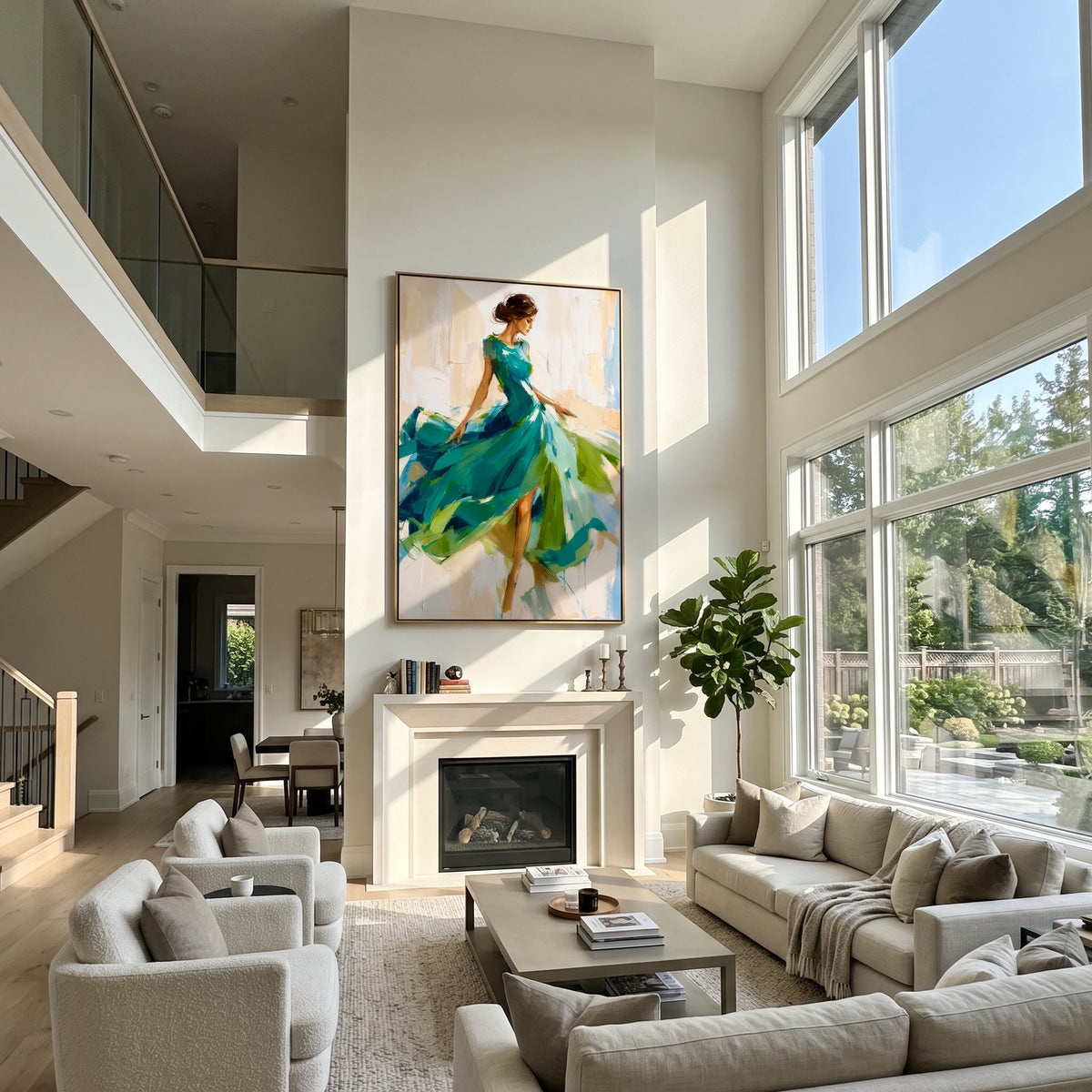 Emerald Skirt in Motion - green dress fashion portrait painting displayed in a styled interior
