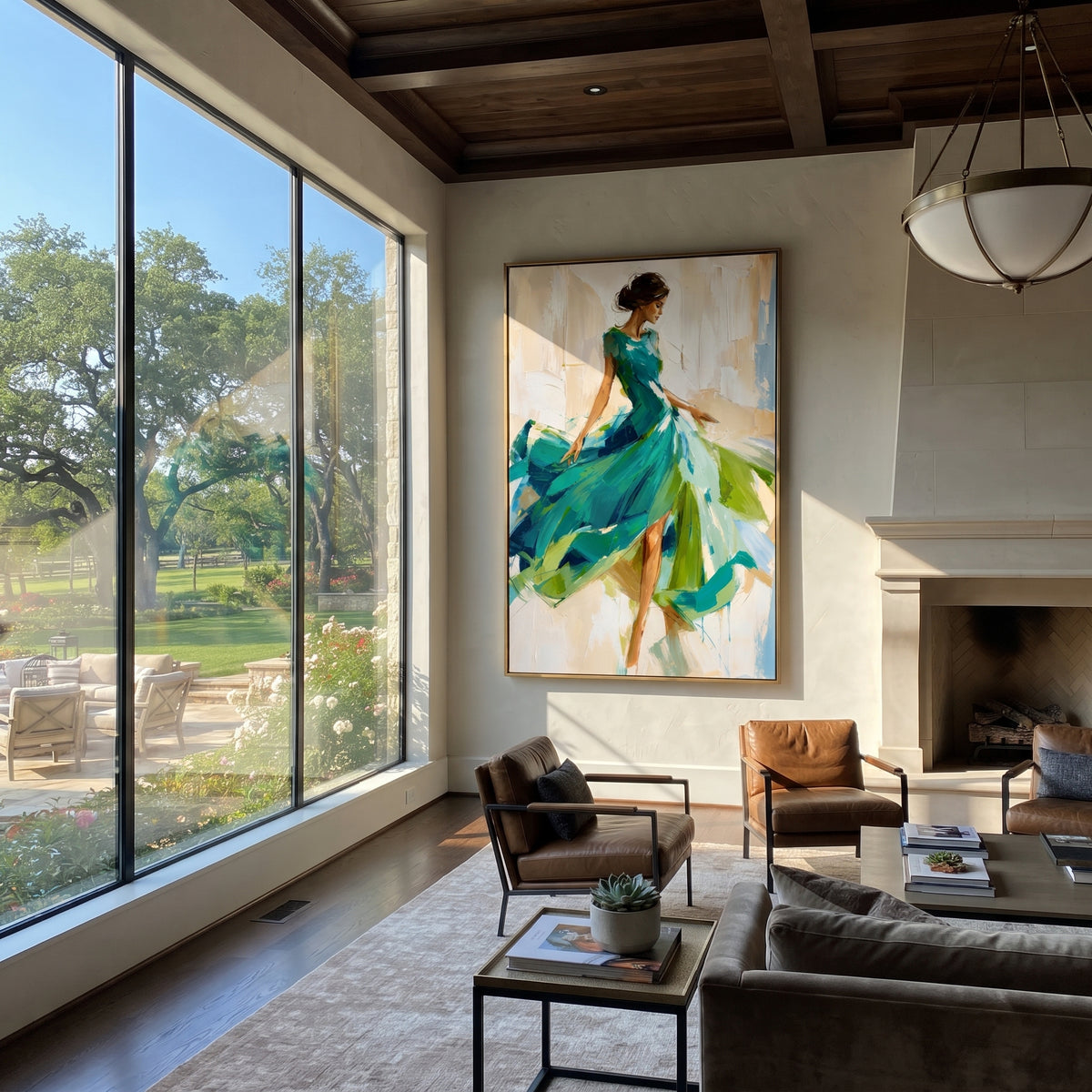 Emerald Skirt in Motion - green dress fashion portrait painting shown in modern room setting 2
