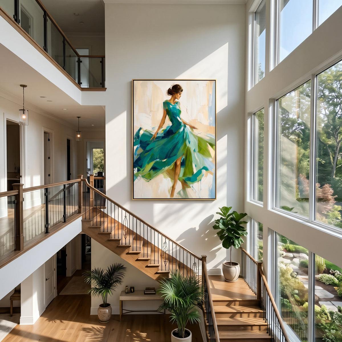 Emerald Skirt in Motion - green dress fashion portrait painting shown in modern room setting 5