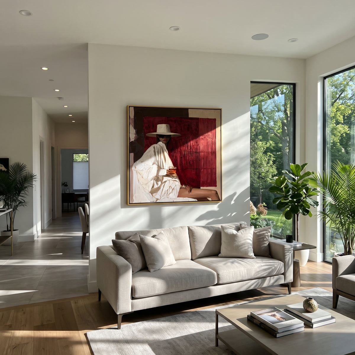 White Hat Against Crimson - white hat fashion figure painting displayed in a styled interior