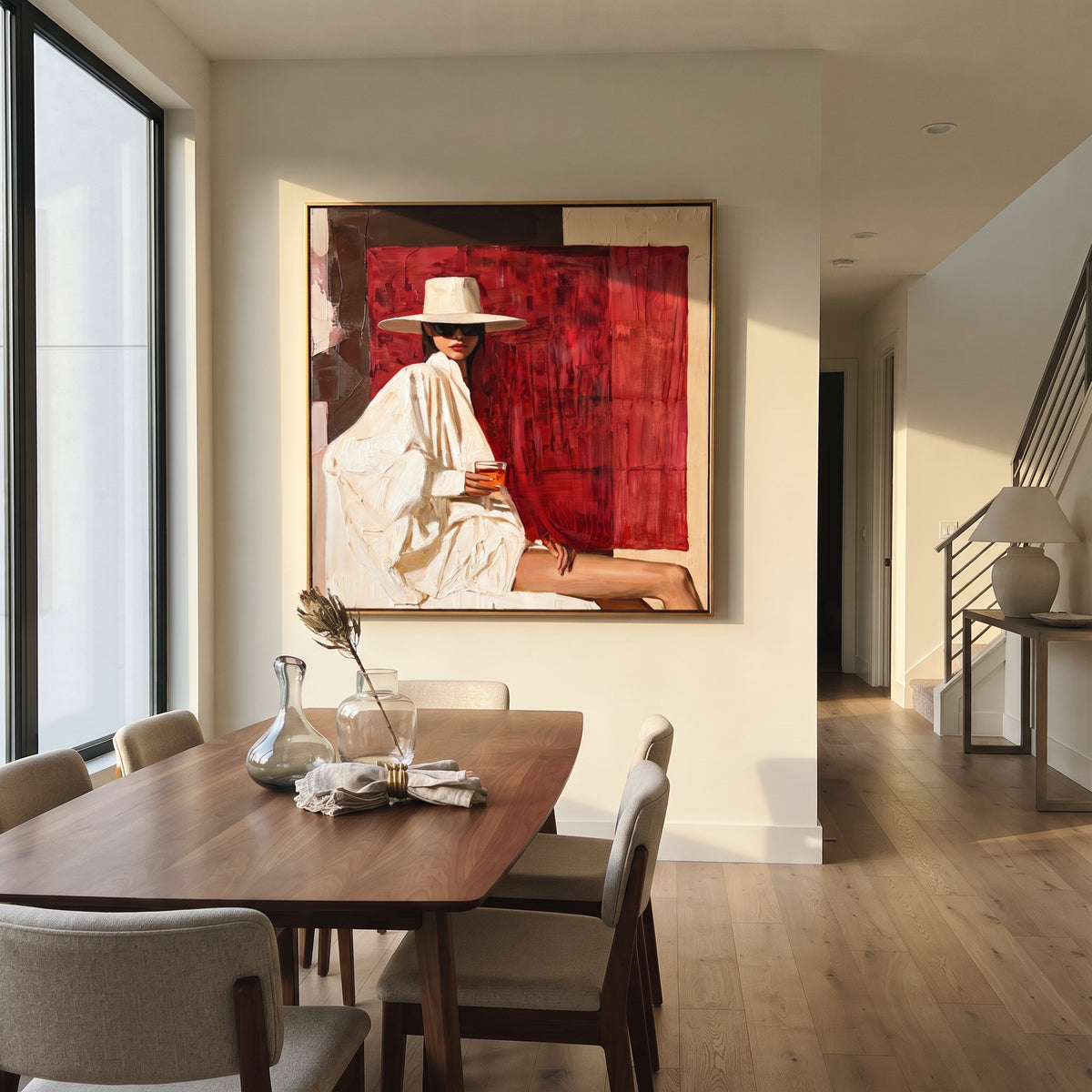White Hat Against Crimson - white hat fashion figure painting shown in modern room setting 2
