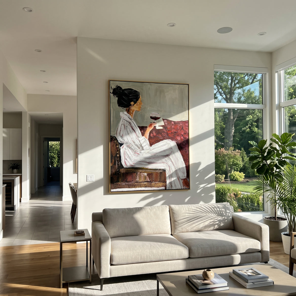 Burgundy Wine Pause - seated woman with wine painting displayed in a styled interior