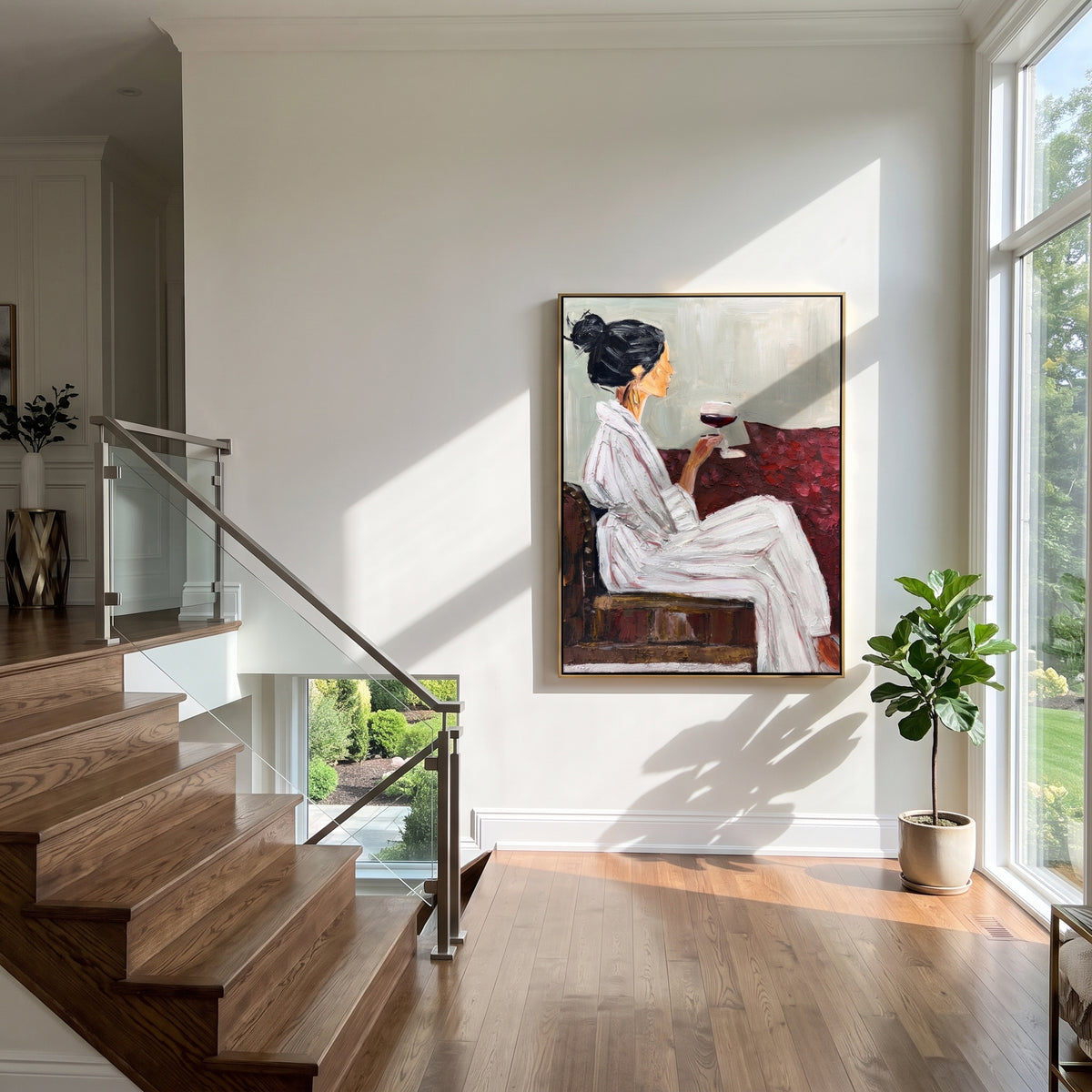 Burgundy Wine Pause - seated woman with wine painting shown in modern room setting 3