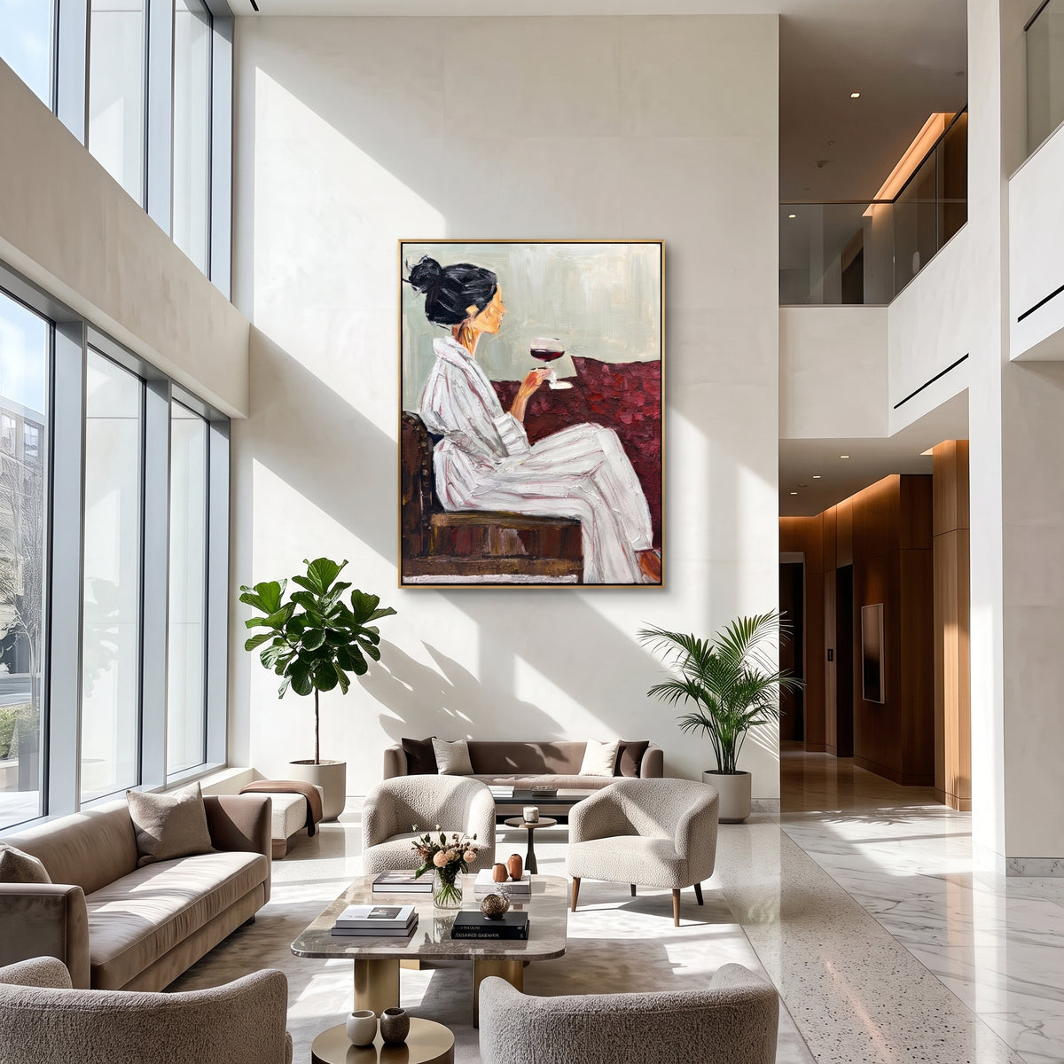 Burgundy Wine Pause - seated woman with wine painting shown in modern room setting 5