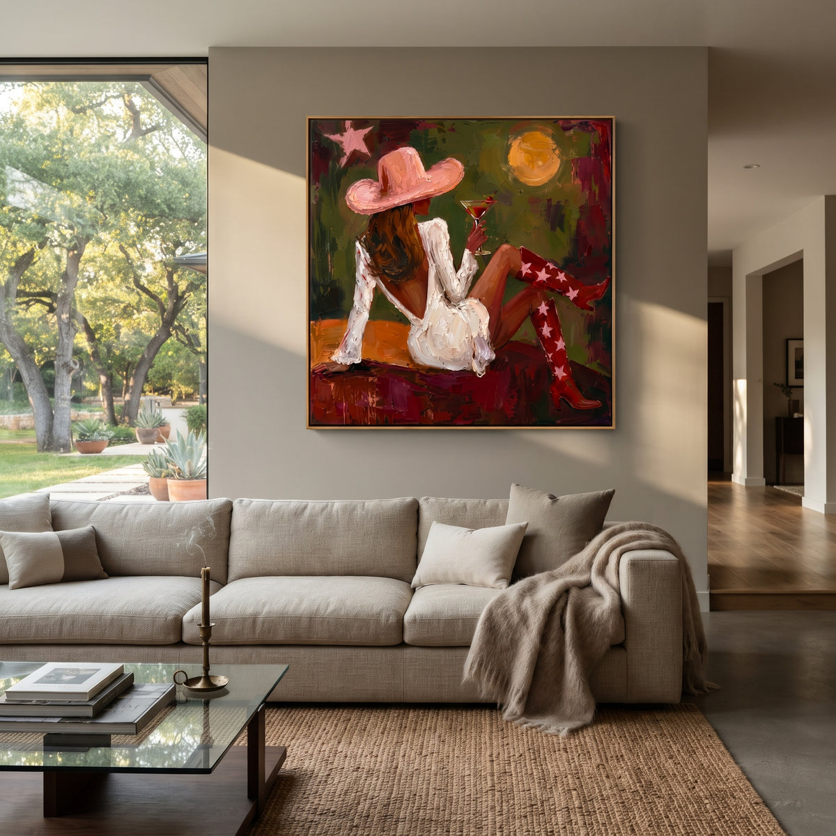 Stars Under the Olive Moon - cowgirl with martini painting shown in modern room setting 2
