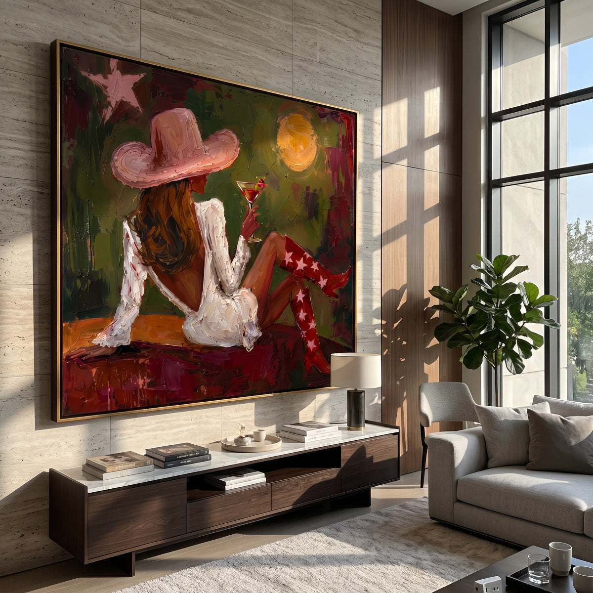 Stars Under the Olive Moon - cowgirl with martini painting shown in modern room setting 4