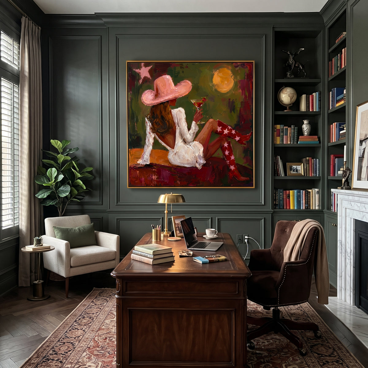 Stars Under the Olive Moon - cowgirl with martini painting shown in modern room setting 5