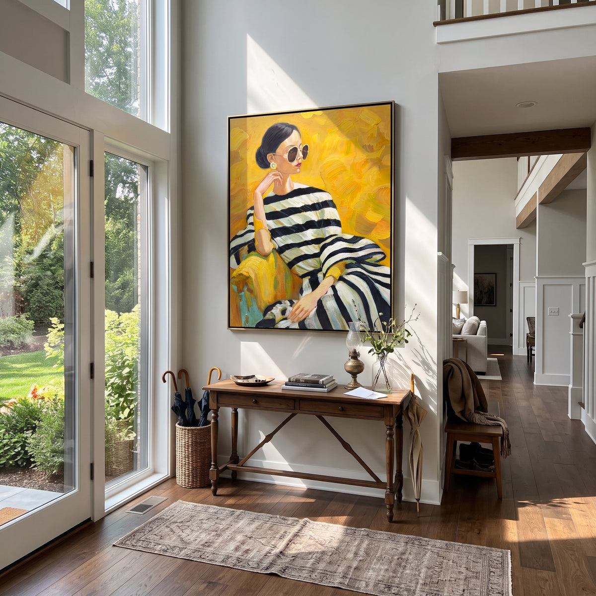 Sunlit Stripes in Yellow - striped fashion portrait painting displayed in a styled interior