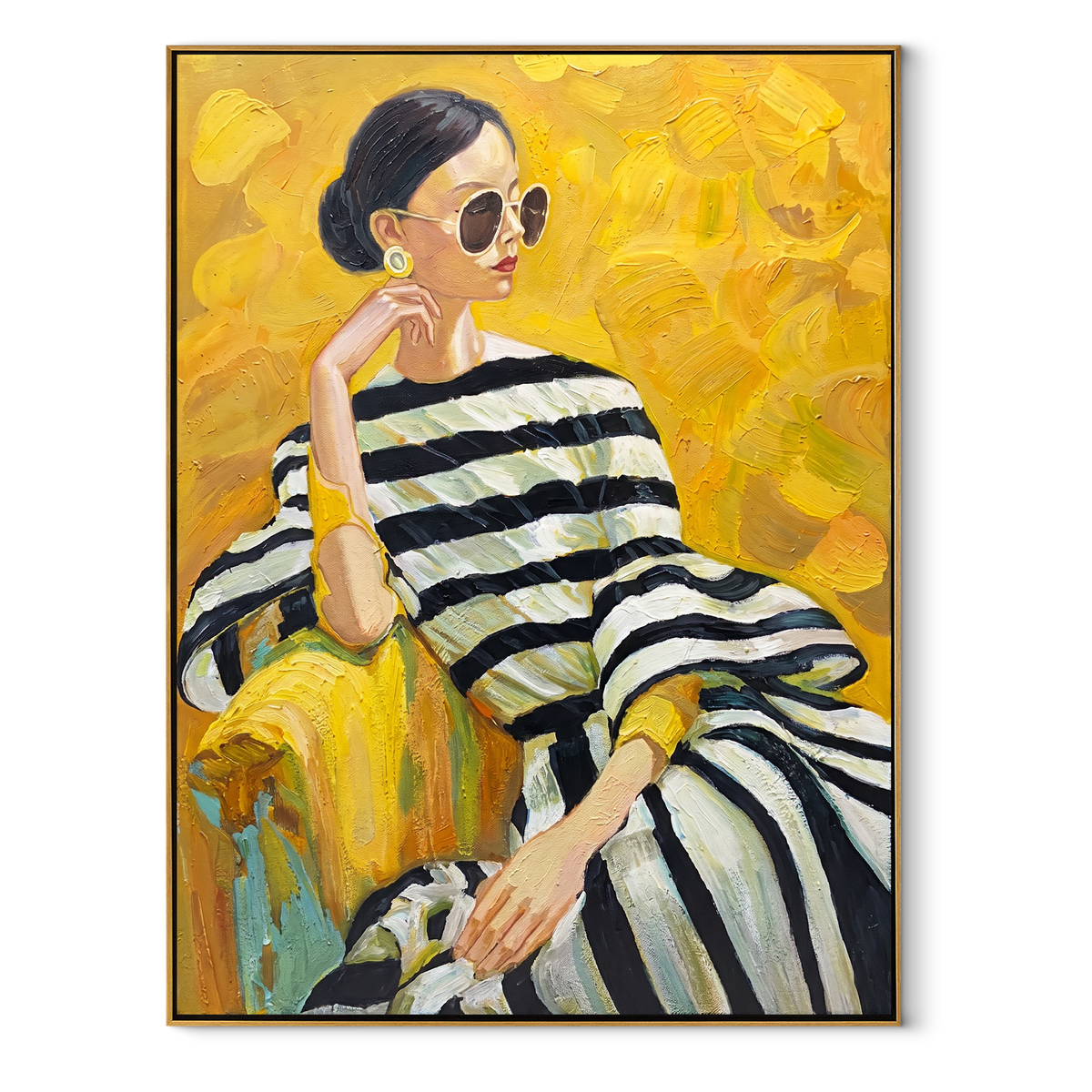 Sunlit Stripes in Yellow - striped fashion portrait painting in a wood frame on white