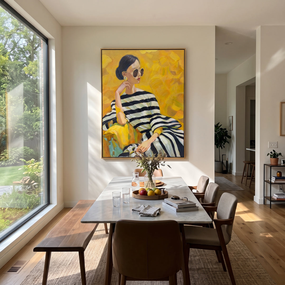 Sunlit Stripes in Yellow - striped fashion portrait painting shown in modern room setting 3